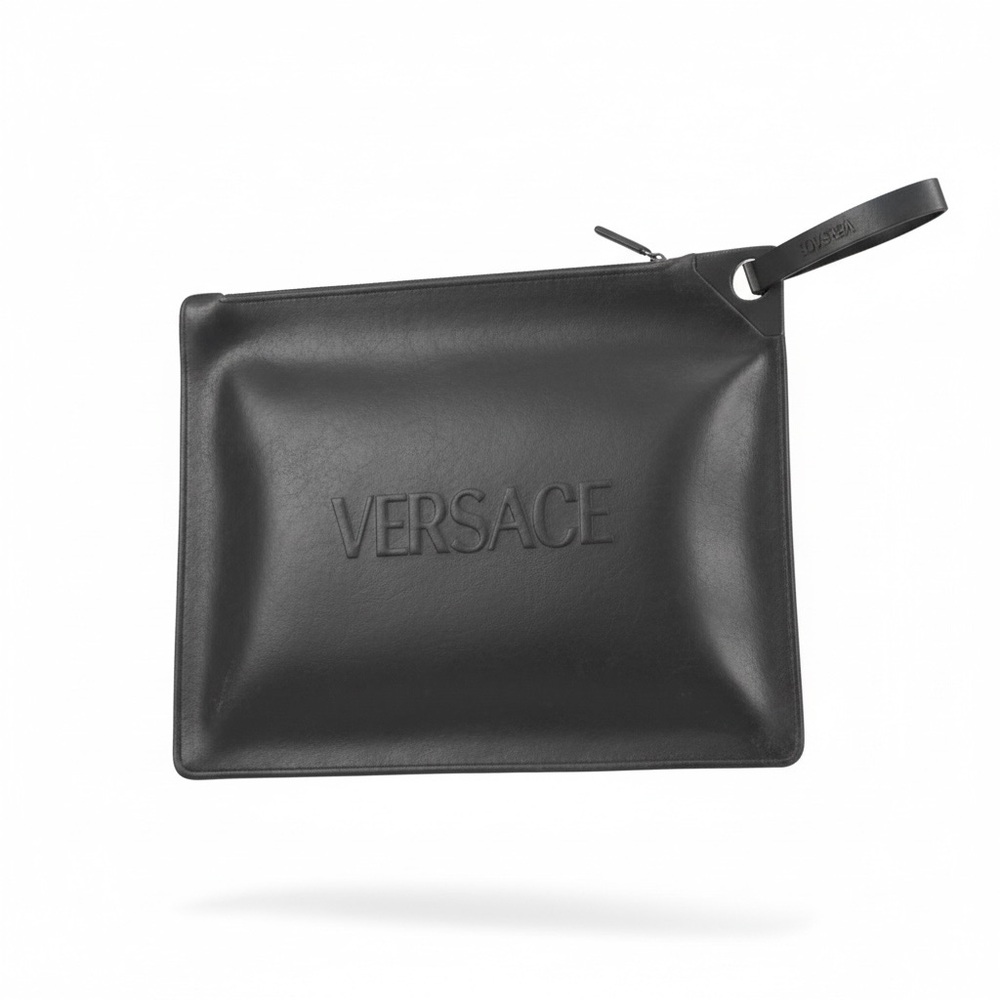 Versace‎ Black Neoprene Wristlet Clutch Zip Pouch Embossed Logo